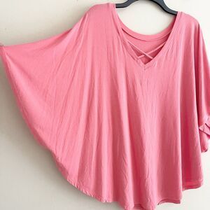 Anna Ava Coral Pink Poncho Style Top Slouchy One Size Flutter Sleeve Jersey Knit